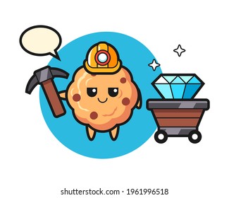 Character illustration of chocolate chip cookie as a miner, cute style design for t shirt, sticker, logo element