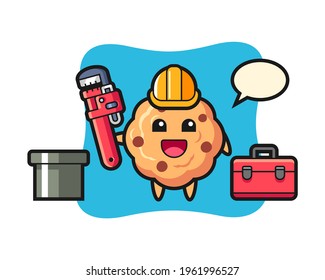 Character illustration of chocolate chip cookie as a plumber, cute style design for t shirt, sticker, logo element