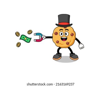 Character Illustration of chocolate chip cookie catching money with a magnet , character design