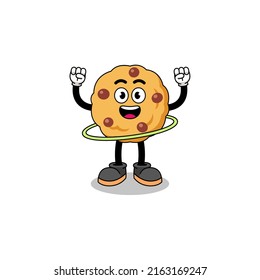 Character Illustration of chocolate chip cookie playing hula hoop , character design