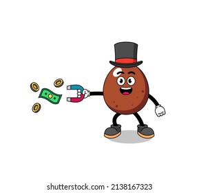 Character Illustration of chocolate egg catching money with a magnet , character design