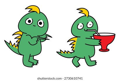 Ilustración de un personaje de un Chupacabra bebiendo una bebida y pareciendo avergonzado.