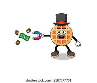 Character Illustration of circle waffle catching money with a magnet , character design