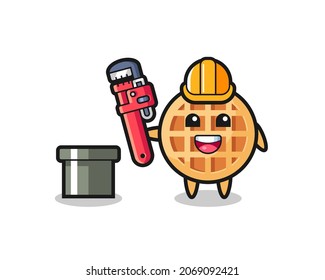 Character Illustration of circle waffle as a plumber , cute design