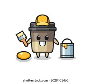 Character Illustration of coffee cup as a painter , cute style design for t shirt, sticker, logo element