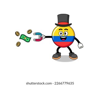 Character Illustration of colombia flag catching money with a magnet , character design