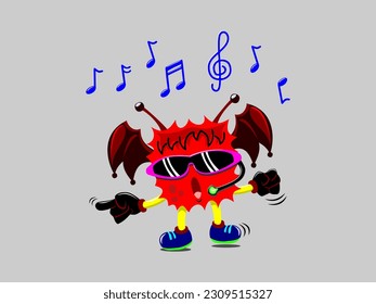 Character illustration of cool dancing red yellow monster music DJ with two brown wings, black glasses, and musical notes arround it. Available for sticker media social, mascot music event.