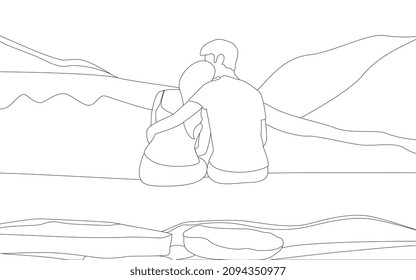 Character illustration of A couple in sitting pose from backside with beautiful mountain and stone background, Happy couple coloring pages vector illustration. 