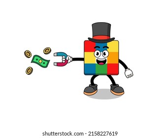 Character Illustration of cube puzzle catching money with a magnet , character design