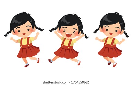 Character illustration cute girl wear red skirt. Two sides braids hair. Happy and jumping kid cartoon. Design for used to decorate publications, flyers, banners, animation, Infographic, and more.