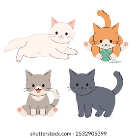 Ilustración de personajes de gatitos lindos y Pequeños que acaban de nacer. Un gato sentado, un gato jugando con hilo.