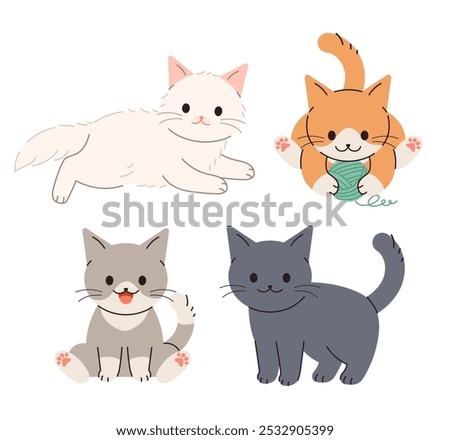 Character illustration of cute, small kittens that have just been born. A cat sitting, a cat playing with yarn.