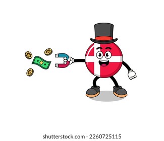 Character Illustration of denmark flag catching money with a magnet , character design