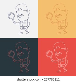 Character illustration design. Boy using a magnifying glass cartoon,eps