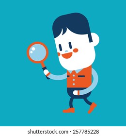 Character illustration design. Boy using a magnifying glass cartoon,eps