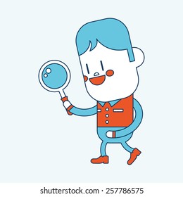 Character illustration design. Boy using a magnifying glass cartoon,eps
