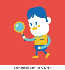 Character illustration design. Boy using a magnifying glass cartoon,eps