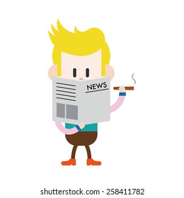 Character illustration design. Businessman reading news and smoking cartoon,eps