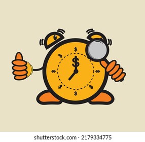 character illustration design clock holding magnifying glass