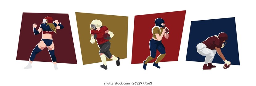 Character illustration of female american football players. Athlete showing different movement and pose. Flat vector cartoon.