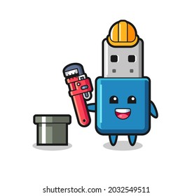 Ilustración de caracteres de la unidad flash usb como plomero , diseño de estilo lindo para camiseta, pegatina, elemento logotipo