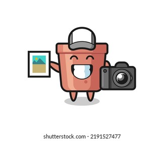 Character Illustration of flowerpot as a photographer , cute style design for t shirt, sticker, logo element