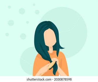 Character illustration. Girl combing her hair with a comb in the bathroom. The girl styles her hair in the morning.