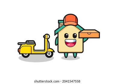 Character Illustration of house as a pizza deliveryman , cute design