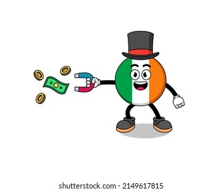 Character Illustration of ireland flag catching money with a magnet , character design
