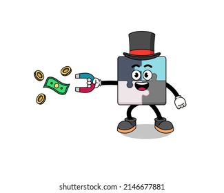 Character Illustration of jigsaw puzzle catching money with a magnet , character design