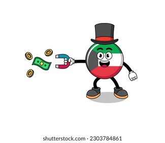 Character Illustration of kuwait flag catching money with a magnet , character design