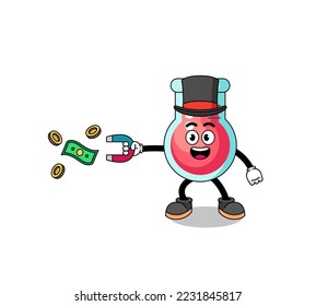 Character Illustration of laboratory beaker catching money with a magnet , character design