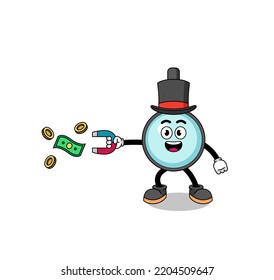 Character Illustration of magnifying glass catching money with a magnet , character design