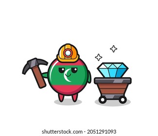 Character Illustration of maldives flag badge as a miner , cute design