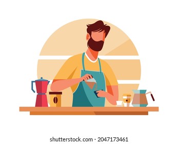 Character Illustration male barista making the coffee, coffee bar