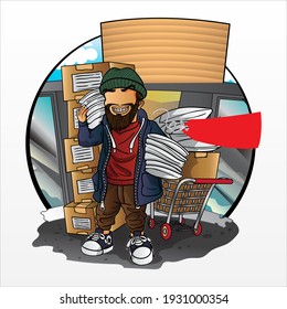 character illustration of a man posing with lots of bags containing discounted grocery items that he is buying. Vector cartoons that can be used for caricature or mascot.