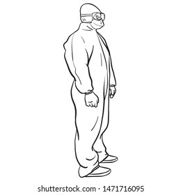 Character illustration of a man in protective suit and goggles. nuclear power station worker, occupation, doodle, outline, sketch.