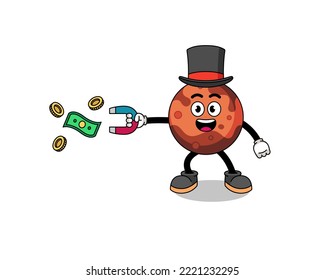 Character Illustration of mars planet catching money with a magnet , character design