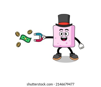 Character Illustration of marshmallow catching money with a magnet , character design