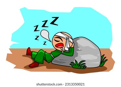 Character Illustration of master or karate fighter or kid sleeping on a rock. Available for social media stickers, comics, costume t-shirt prints or coloring books.