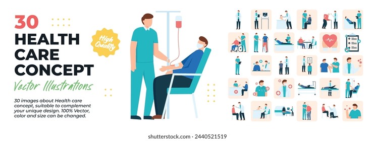 Character Illustration. Mega Set. Collection scenes of health care, doctor, nurse, staff, medicine activity. Vector Illustration