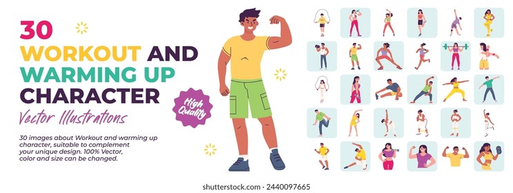 Character Illustration. Mega Set. Collestion scenes of people doing workout, exercise, fitness, warming up activity. Vector Illustration