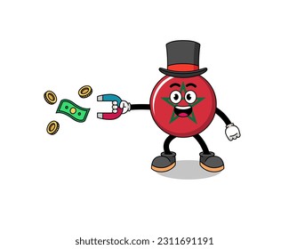 Character Illustration of morocco flag catching money with a magnet , character design