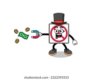 Carácter Ilustración de no giro a la derecha símbolo de la carretera captando dinero con un imán, diseño de carácter