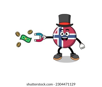 Character Illustration of norway flag catching money with a magnet , character design