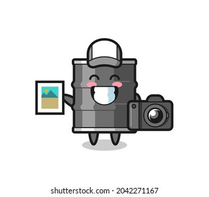 Character Illustration of oil drum as a photographer , cute design