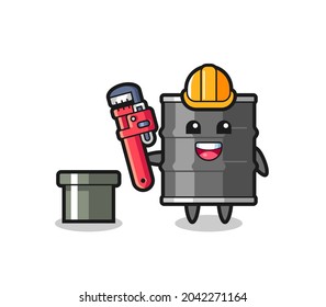 Character Illustration of oil drum as a plumber , cute design