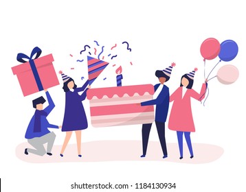 Character Illustration Of People Holding Birthday Party Icons