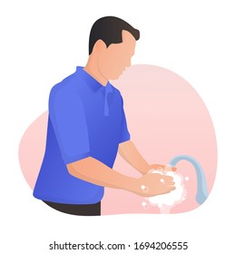 Character illustration people man washing hand with soap and water, prevent from coronavirus. Suitable to use for web design, landing page, banner, infographic, and mobile apps.