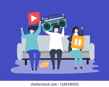 Character illustration of people with music icons